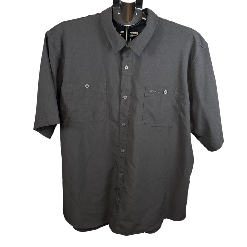 Orvis Mens XXL Short Sleeve Button Down Shirt Gray Polyester Outdoor Hiking Logo